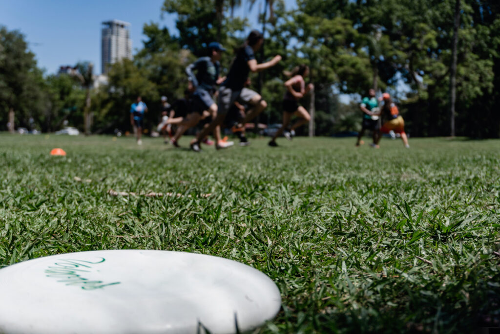 frisbee on grass with players behind
